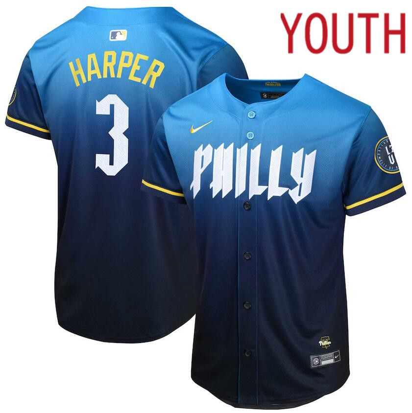 Youth Philadelphia Phillies 3 Bryce Harper Nike Blue 2024 City Connect Limited Player Jersey
